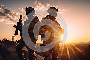United States Navy special forces soldiers in action at sunset. Military, army, and war concept. Military soldiers standing on a