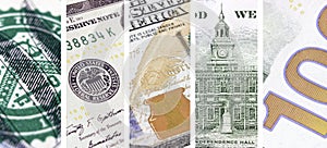 United States new 100 dollars banknote fragments. Hundred dollars bill fragment on macro. New sample money