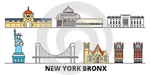 United States, New York Bronx flat landmarks vector illustration. United States, New York Bronx line city with famous