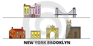 United States, New York Brooklyn flat landmarks vector illustration. United States, New York Brooklyn line city with