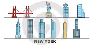 United States, New York City flat landmarks vector illustration. United States, New York City line city with famous