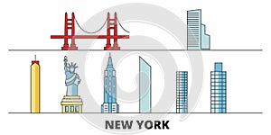 United States, New York flat landmarks vector illustration. United States, New York line city with famous travel sights