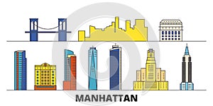 United States, New York Manhattan flat landmarks vector illustration. United States, New York Manhattan line city with