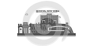 United States, New York Queens city skyline isolated vector illustration, icons