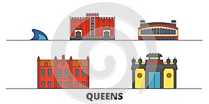 United States, New York Queens flat landmarks vector illustration. United States, New York Queens line city with famous