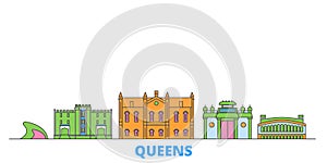 United States, New York Queens line cityscape, flat vector. Travel city landmark, oultine illustration, line world icons