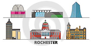 United States, New York Rochester flat landmarks vector illustration. United States, New York Rochester line city with