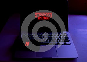 Computer with the Stranger Things logo, Netflix.