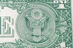 United States one-dollar bill, reverse side with The Seal of The United States with E Pluribus Unum motto photo