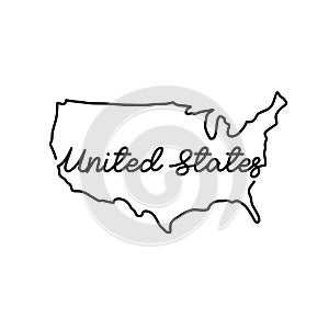 United States outline map with the handwritten country name. Continuous line drawing of patriotic home sign