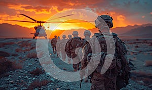 United States paratroopers boarding military helicopter in the desert at sunset