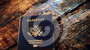 united states passport resting on rustic wooden surface