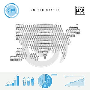 United States People Icon Map. Stylized Vector Silhouette of USA. Population Growth and Aging Infographic Elements