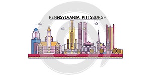 United States, Pittsburgh tourism landmarks, vector city travel illustration