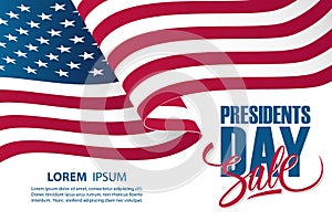 United States Presidents Day Sale special offer banner template with waving american national flag.