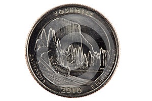 United States Quarter Coin For Yosemite National Park On White