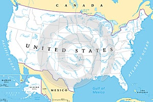 United States, longest rivers and largest lakes, political map photo