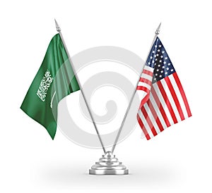 United States and Saudi Arabia table flags isolated on white 3D rendering