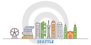 United States, Seattle line cityscape, flat vector. Travel city landmark, oultine illustration, line world icons