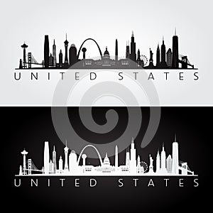 United States skyline and landmarks silhouette