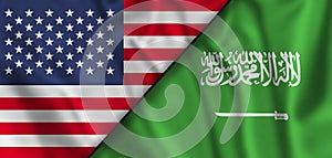 United States, USA and Saudi Arabia Realistic Half Flags Together.
