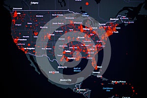 United States, West Coast. Coronavirus COVID-19 global cases Map. Red Dot showing the number of infected. Johns Hopkins University