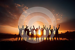 United team Silhouettes raise hands in joyous celebration together