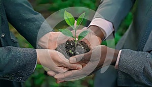 unity of business people and community together protecting small sprout with hand photo