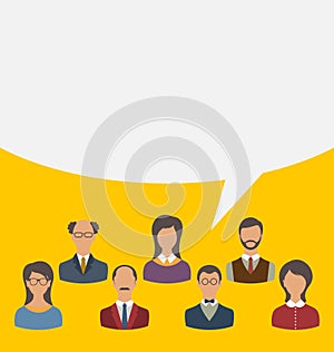 Unity of business people team with speech bubble, modern flat icons