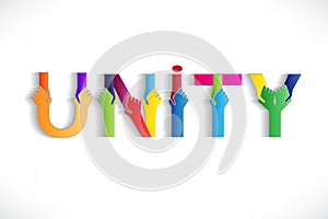 Unity colorful word text with handshaking hands logo