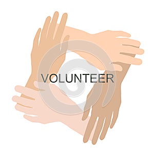 Unity concept. Illustration with multiracial volunteers` hands put together on white background