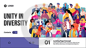 Unity in diversity. Landing page concept, web page design with vector illustration.