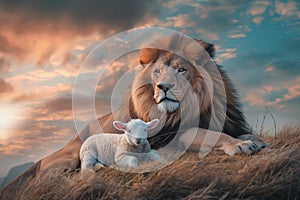 Unity in Faith: Lion and Lamb Embrace in a Scene Resonating with Biblical Promise and Spiritual Oneness