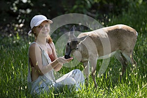 Unity with nature. Girl feed deer. Enviroment protection. Animals care. Woman feeding fawn. Animal park.