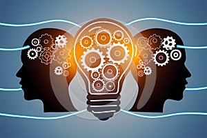 Unity shown through connected minds and gear-filled light bulbs on light blue backdrop.