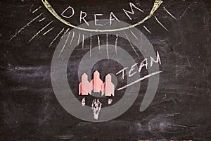 Unity and teamwork concept: Dreamteam, collaborate and cooperation. Three red rockets and the inscription dream team