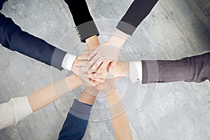 Unity and teamwork concept of young business people folding their hands together