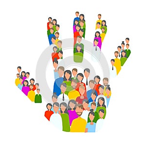 Unity and volunteering. Illustration with human hand made of different people on white background