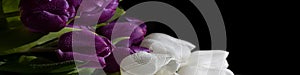 Universal banner 4x1 for websites, social networks, typography bouquet of white and purple tulips close-up