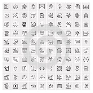 100 Universal Black Line Icons on White Background