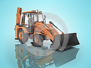 Universal construction equipment with front loading at the front and hydraulic bucket at the rear rear render on blue background