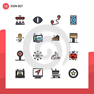 16 Universal Flat Color Filled Line Signs Symbols of wedding, love, pin, flower, mobile application