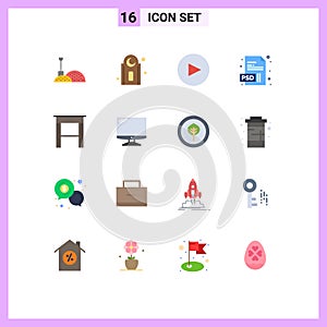 16 Universal Flat Color Signs Symbols of imac, monitor, document, computer, furniture photo