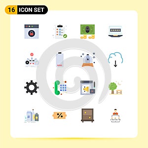 Universal Icon Symbols Group of 16 Modern Flat Colors of gamepad, controller, coins, check, louck photo