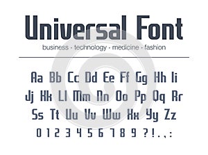 Universal font for business headline text. Condensed, narrow alphabet for logo design. Technology typography style