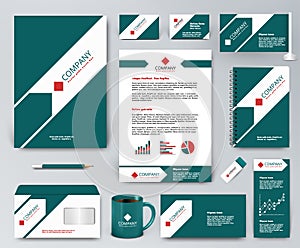 Universal green branding design kit with arrow and red elements.