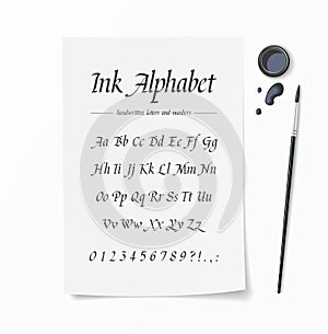 Universal handwritten font. Hand drawn alphabet written with brush pen. White paper, inkwell, ink drops on desk top view