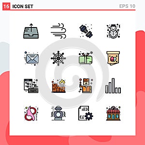 Universal Icon Symbols Group of 16 Modern Flat Color Filled Lines of message, email, plumber, gingerbread, snowman