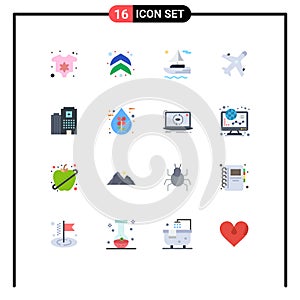 Universal Icon Symbols Group of 16 Modern Flat Colors of bio, building, transport, madical, shopping