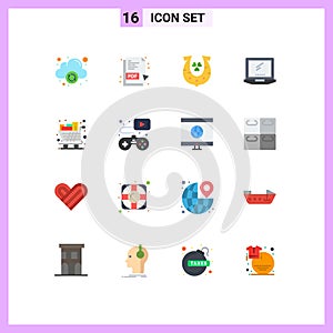 Universal Icon Symbols Group of 16 Modern Flat Colors of groceries, cart, horseshoe, laptop, device